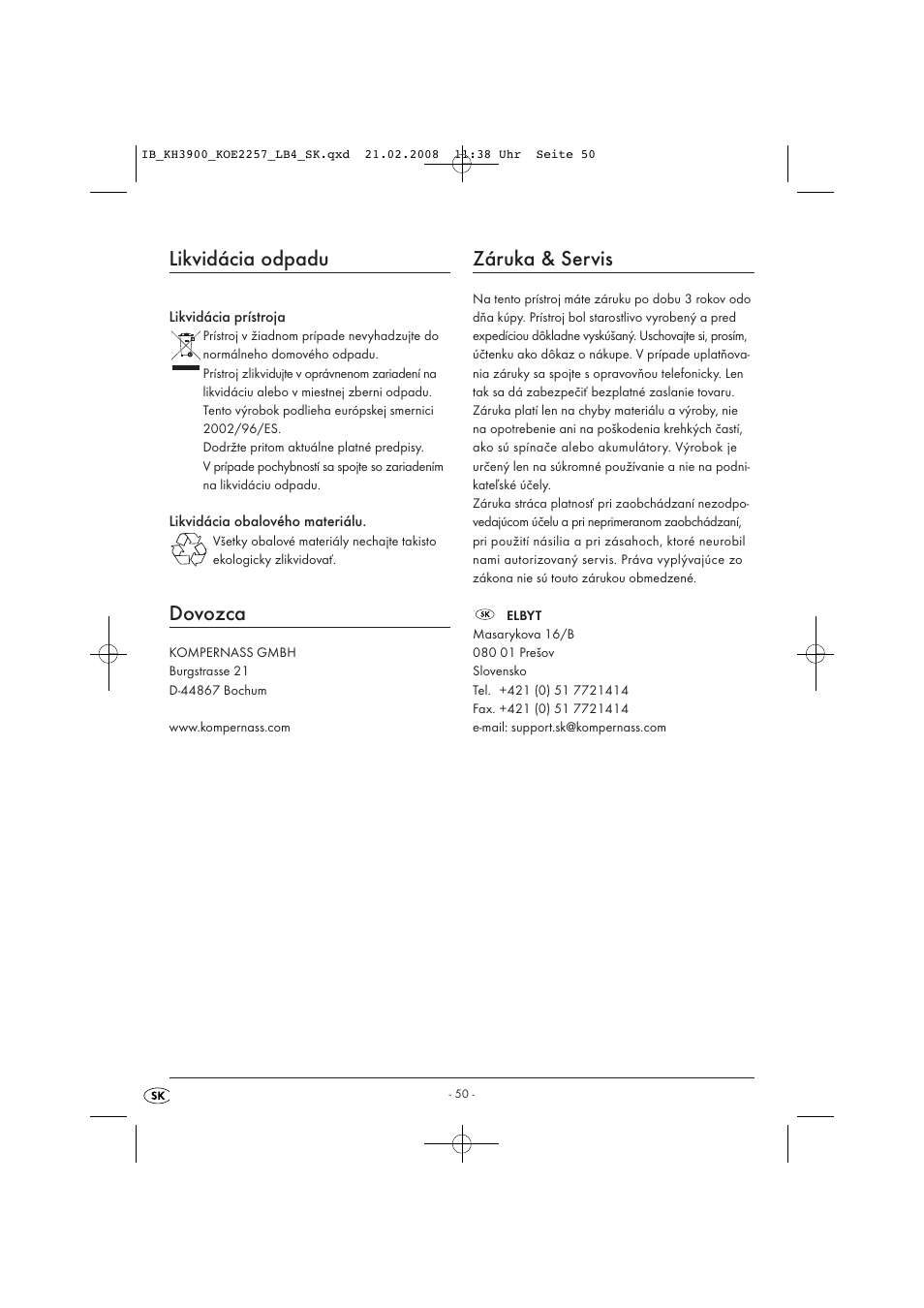 Likvidácia odpadu, Dovozca, Záruka & servis | Kompernass KH 3900 User Manual | Page 52 / 62