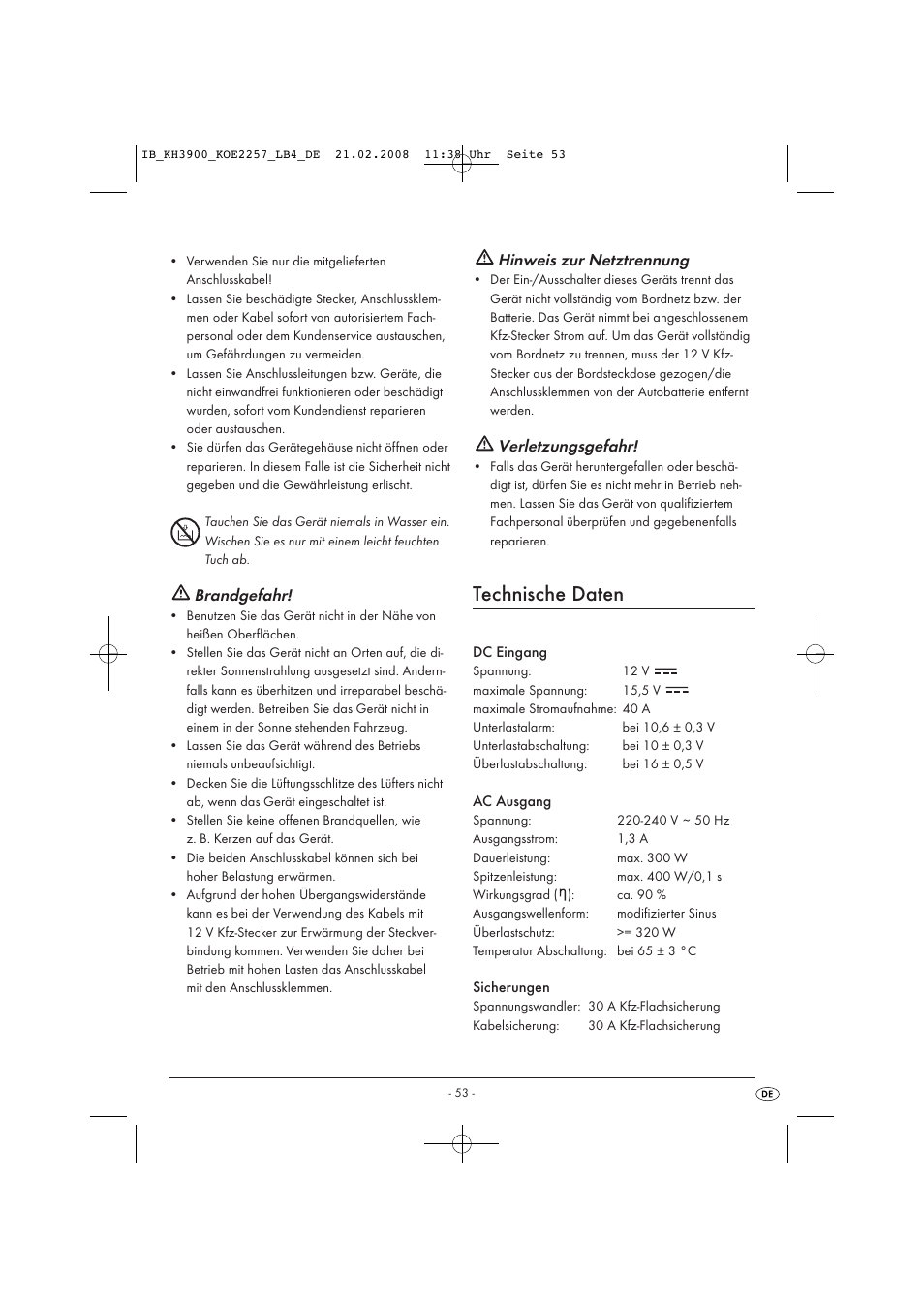 Technische daten, Brandgefahr, Hinweis zur netztrennung | Verletzungsgefahr | Kompernass KH 3900 User Manual | Page 55 / 62