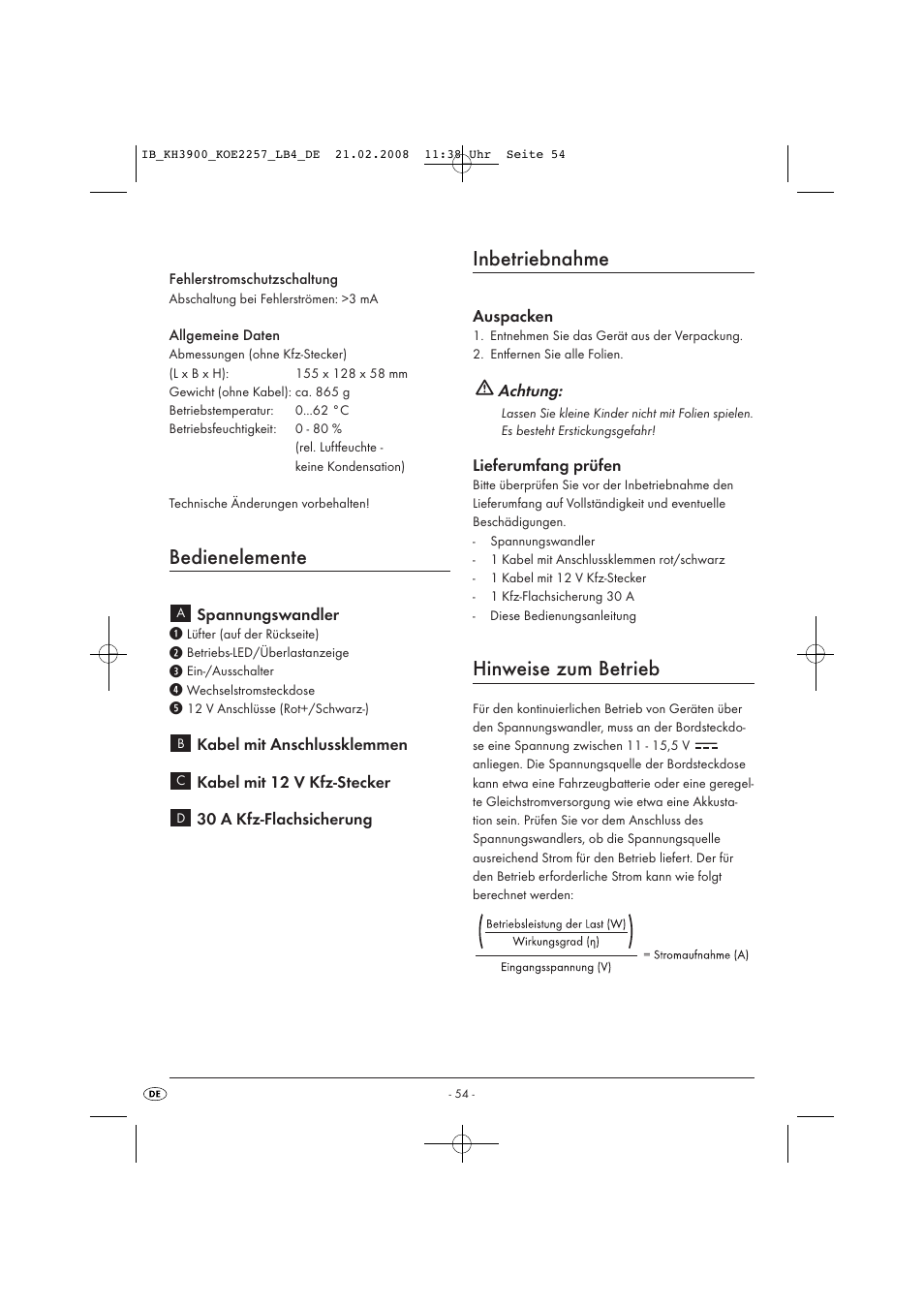 Bedienelemente, Inbetriebnahme, Hinweise zum betrieb | Kompernass KH 3900 User Manual | Page 56 / 62