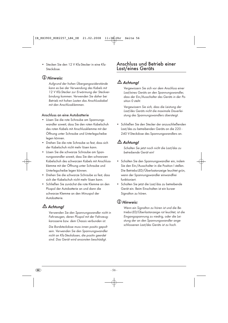Anschluss und betrieb einer last/eines geräts | Kompernass KH 3900 User Manual | Page 58 / 62