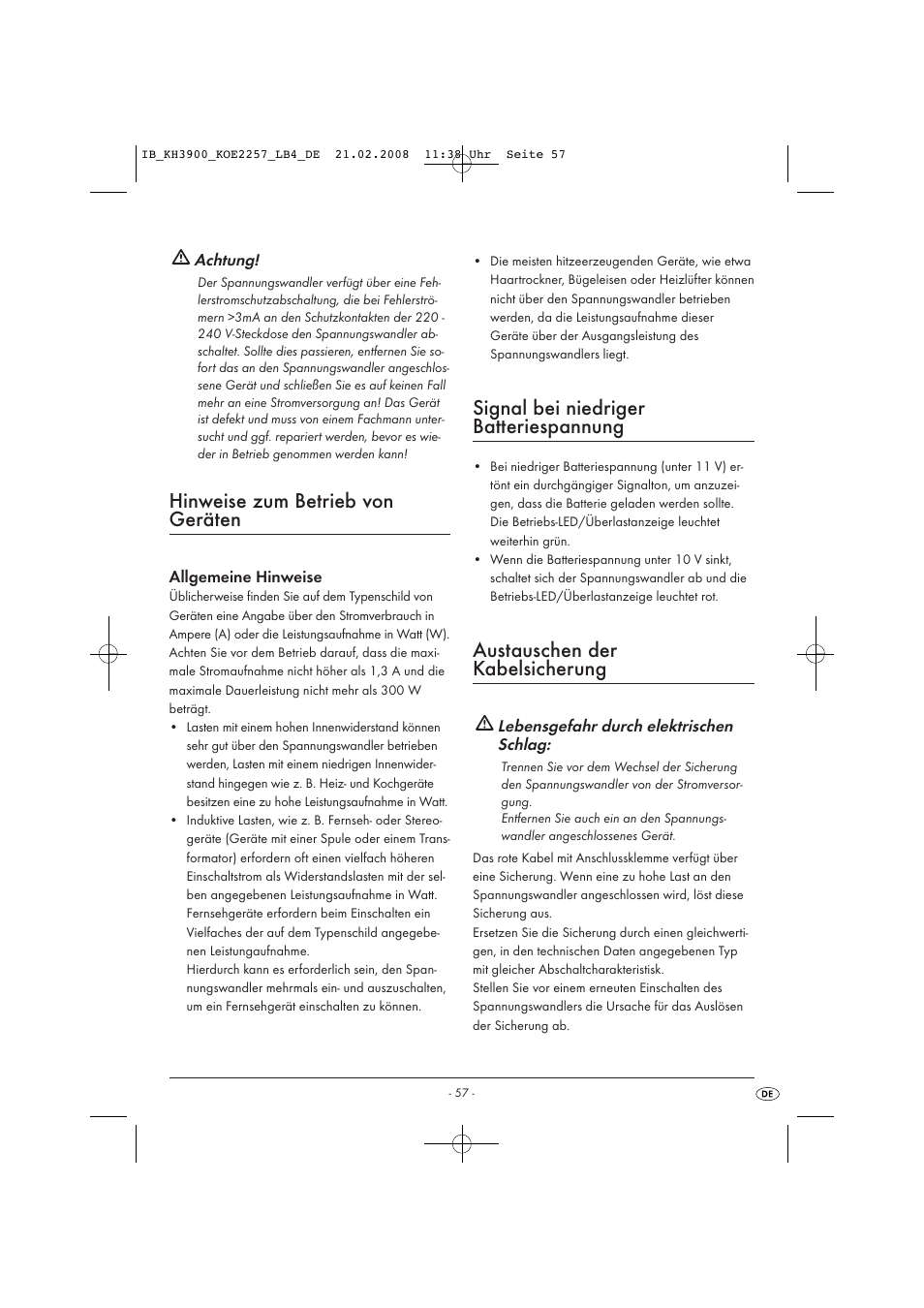 Hinweise zum betrieb von geräten, Signal bei niedriger batteriespannung, Austauschen der kabelsicherung | Kompernass KH 3900 User Manual | Page 59 / 62