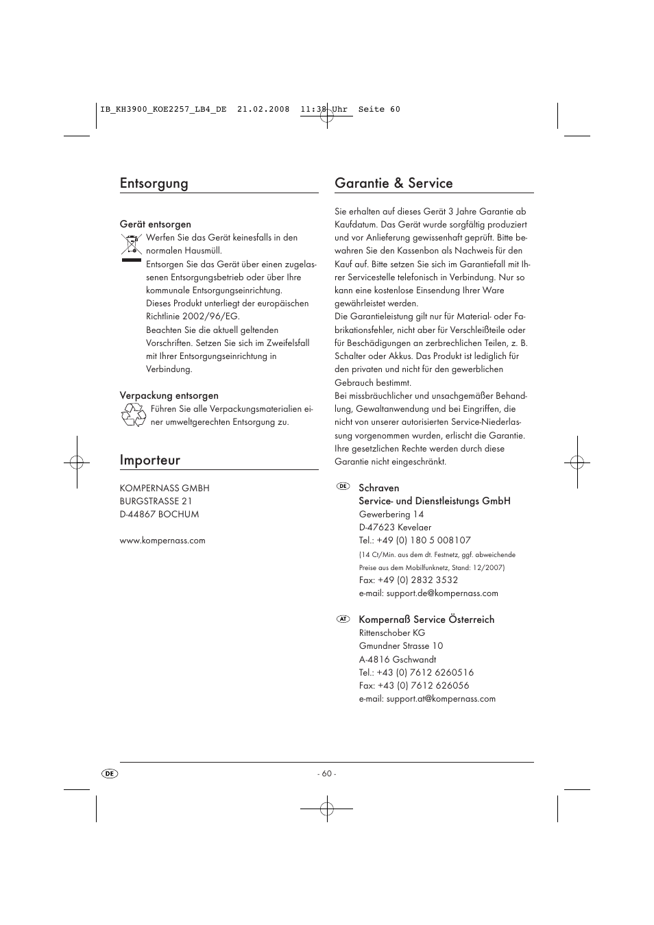 Entsorgung, Importeur, Garantie & service | Kompernass KH 3900 User Manual | Page 62 / 62