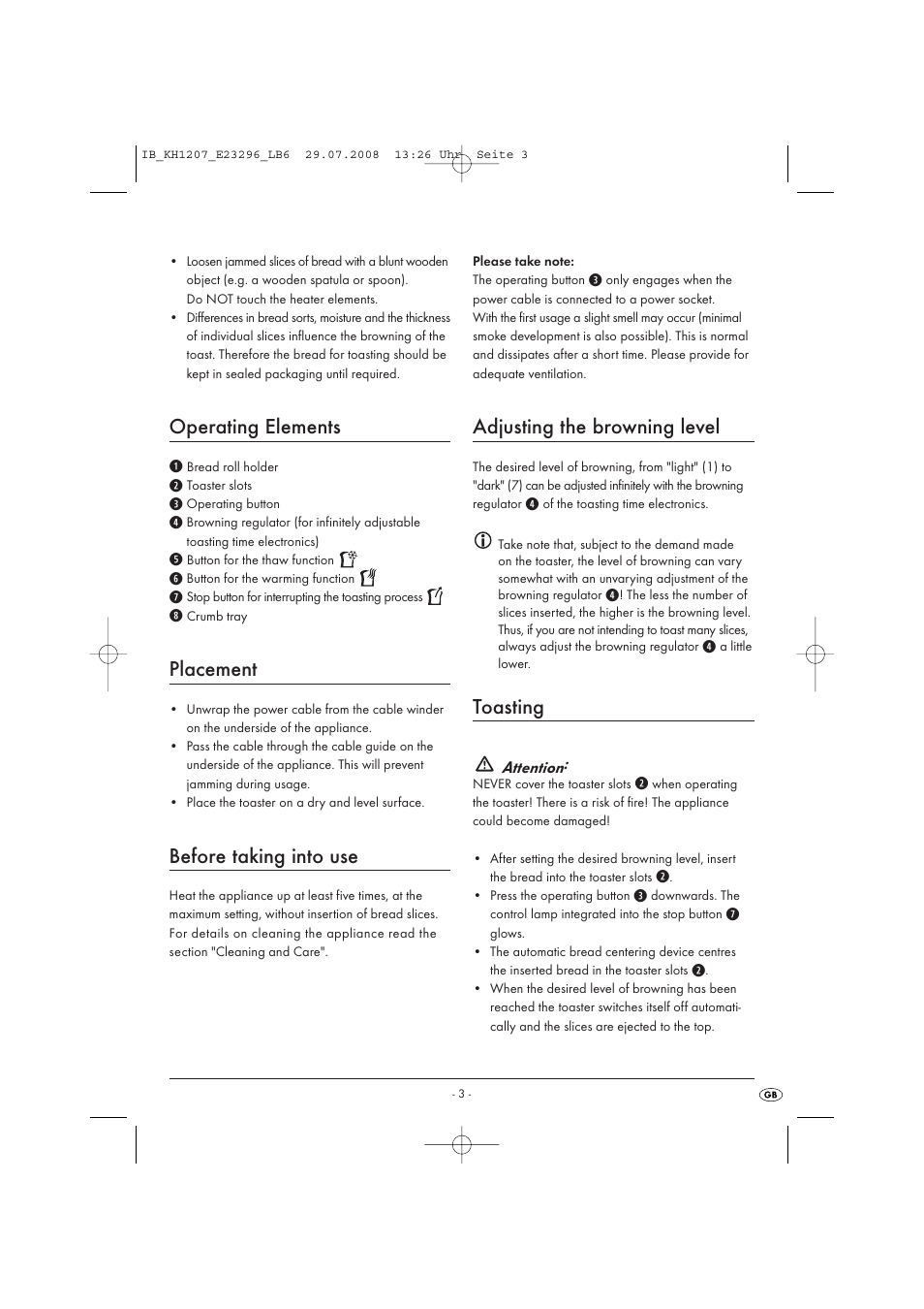 Operating elements, Placement, Before taking into use | Adjusting the browning level, Toasting | Kompernass KH 1207 User Manual | Page 5 / 8