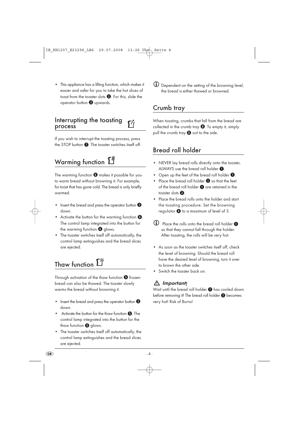 Interrupting the toasting process, Warming function, Thaw function | Crumb tray, Bread roll holder | Kompernass KH 1207 User Manual | Page 6 / 8