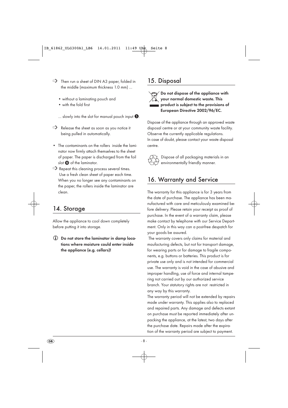 Storage, Disposal, Warranty and service | Kompernass A3 LAMINATOR ULG300A1 User Manual | Page 10 / 11