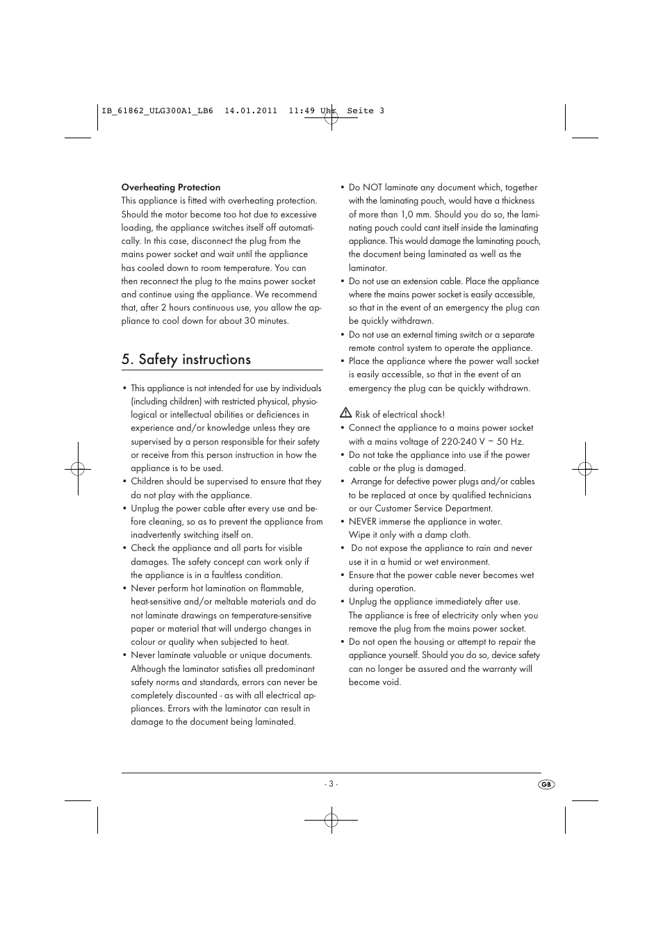 Safety instructions | Kompernass A3 LAMINATOR ULG300A1 User Manual | Page 5 / 11