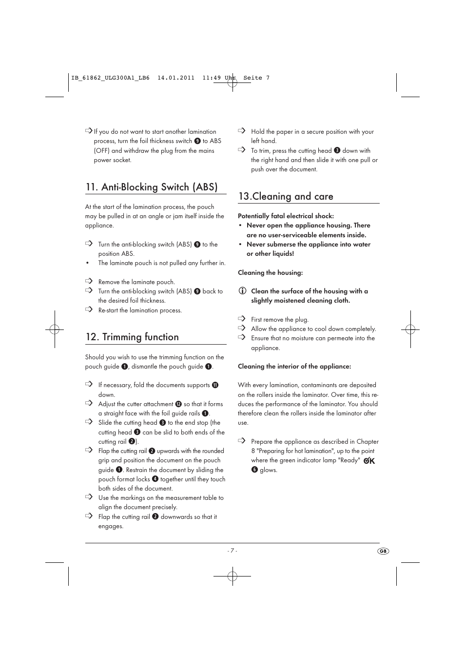 Anti-blocking switch (abs), Trimming function, Cleaning and care | Kompernass A3 LAMINATOR ULG300A1 User Manual | Page 9 / 11