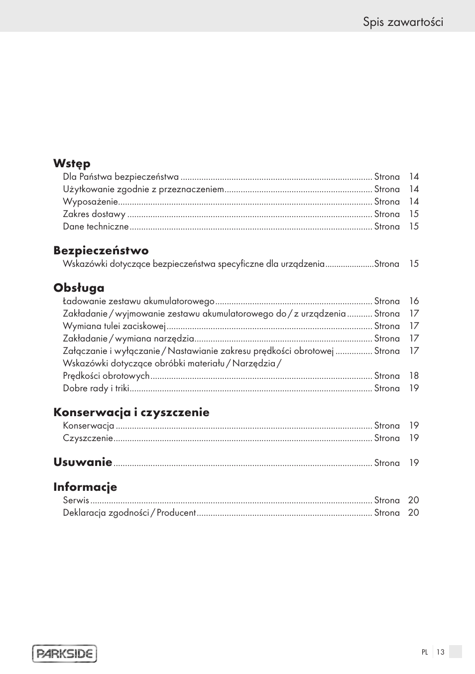 Spis zawartości | Kompernass PFBS 9.6V User Manual | Page 11 / 66