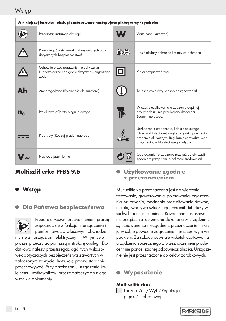 Wstęp, Multiszlifierka pfbs 9.6, Dla państwa bezpieczeństwa | Użytkowanie zgodnie z przeznaczeniem, Wyposażenie | Kompernass PFBS 9.6V User Manual | Page 12 / 66