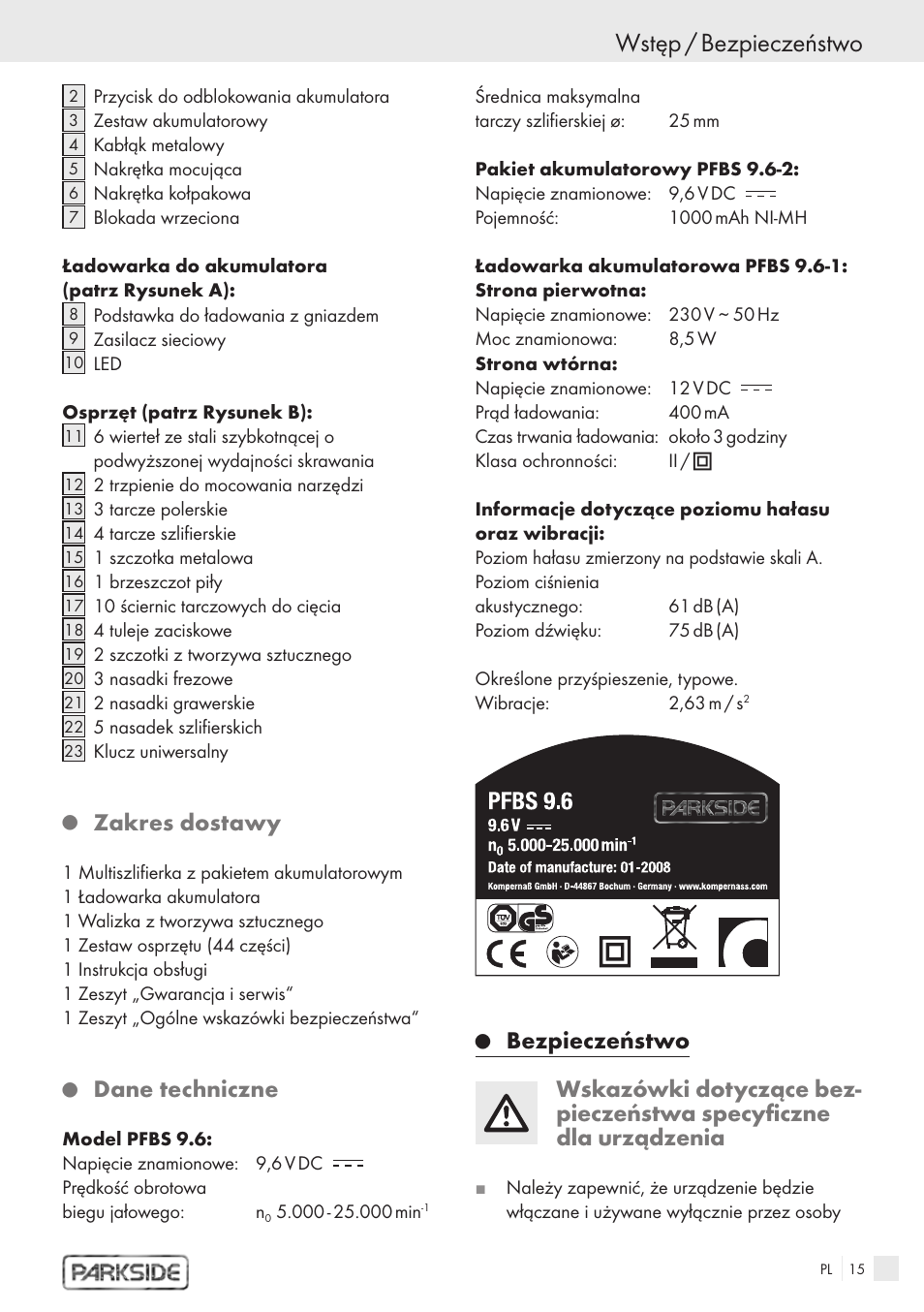 Wstęp / bezpieczeństwo, Zakres dostawy, Dane techniczne | Kompernass PFBS 9.6V User Manual | Page 13 / 66