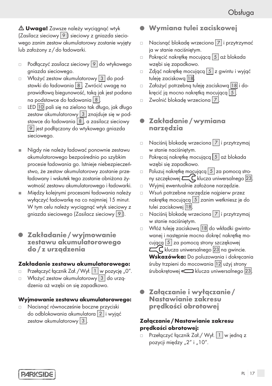 Obsługa, Wymiana tulei zaciskowej, Zakładanie / wymiana narzędzia | Kompernass PFBS 9.6V User Manual | Page 15 / 66