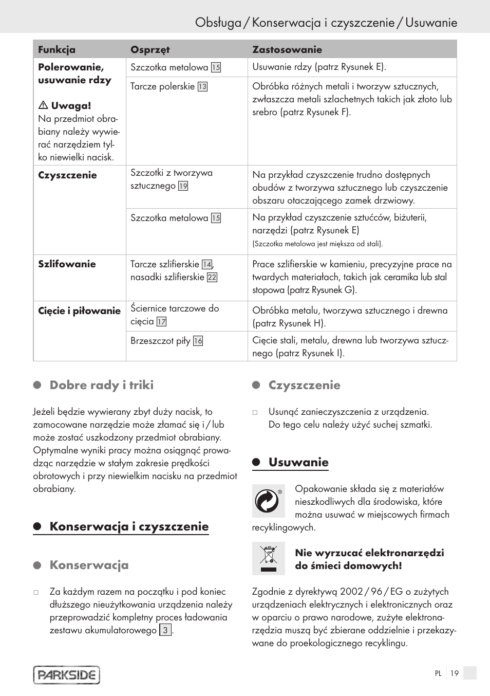 Obsługa / konserwacja i czyszczenie / usuwanie, Dobre rady i triki, Konserwacja i czyszczenie | Konserwacja, Czyszczenie, Usuwanie | Kompernass PFBS 9.6V User Manual | Page 17 / 66