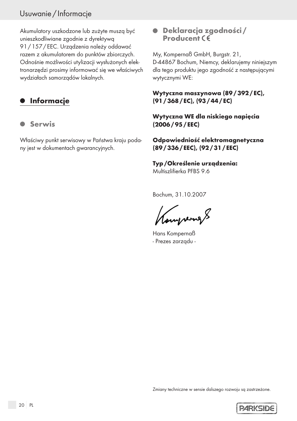 Usuwanie, Informacje, Serwis | Deklaracja zgodności / producent | Kompernass PFBS 9.6V User Manual | Page 18 / 66