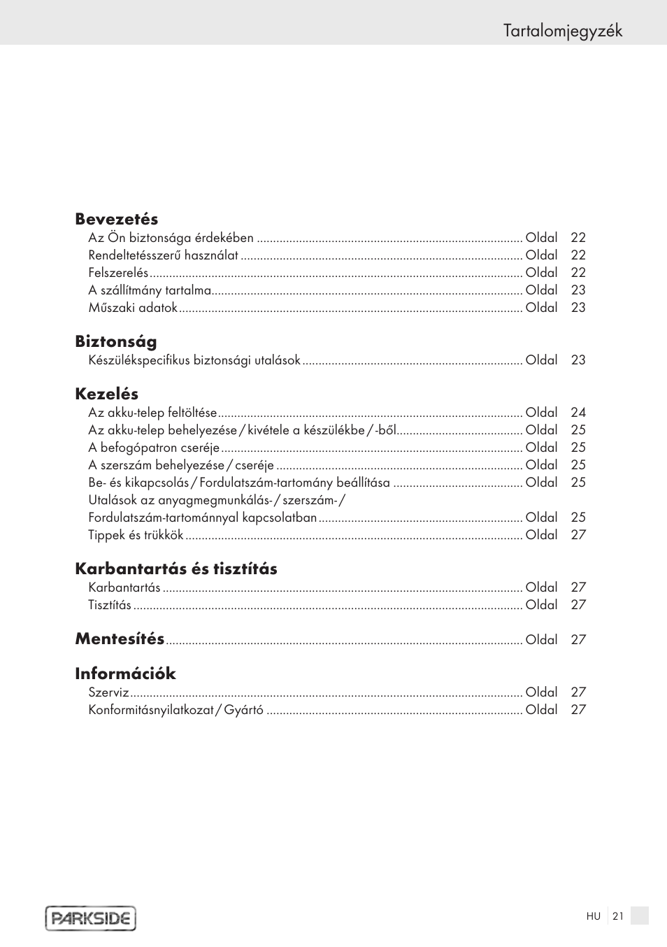 Tartalomjegyzék | Kompernass PFBS 9.6V User Manual | Page 19 / 66