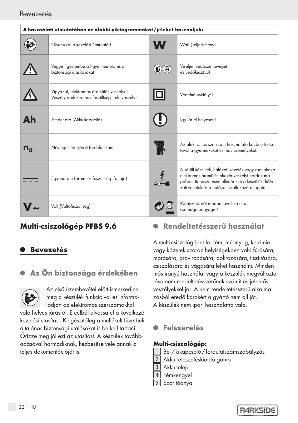 Bevezetés, Multi-csiszológép pfbs 9.6, Az ön biztonsága érdekében | Rendeltetésszerű használat, Felszerelés | Kompernass PFBS 9.6V User Manual | Page 20 / 66