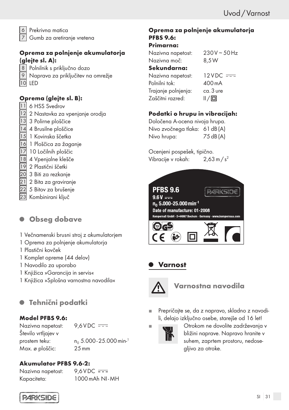 Uvod / varnost, Obseg dobave, Tehnični podatki | Varnost varnostna navodila | Kompernass PFBS 9.6V User Manual | Page 29 / 66
