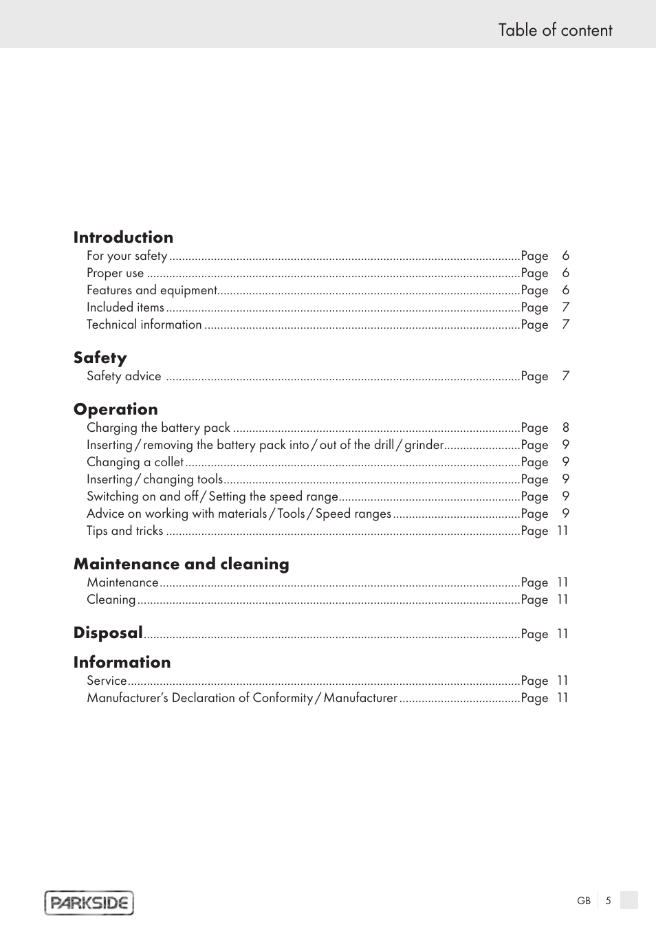 Table of content | Kompernass PFBS 9.6V User Manual | Page 3 / 66