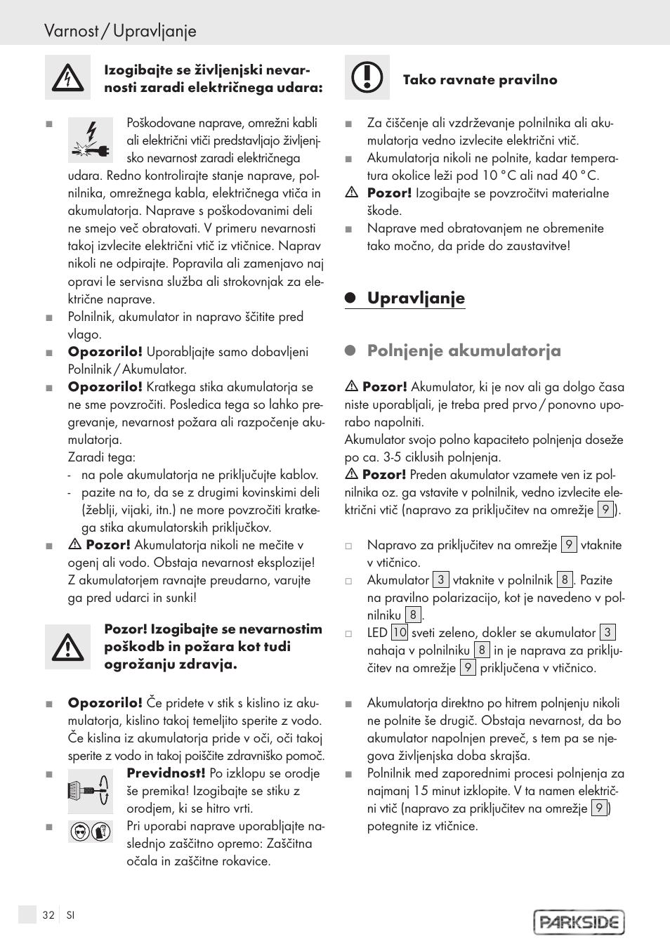 Varnost / upravljanje, Upravljanje, Polnjenje akumulatorja | Kompernass PFBS 9.6V User Manual | Page 30 / 66