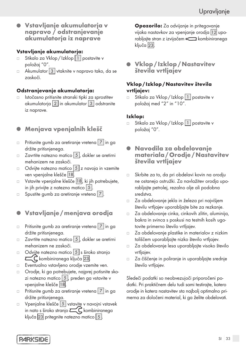 Upravljanje, Menjava vpenjalnih klešč, Vstavljanje / menjava orodja | Vklop / izklop / nastavitev števila vrtljajev | Kompernass PFBS 9.6V User Manual | Page 31 / 66
