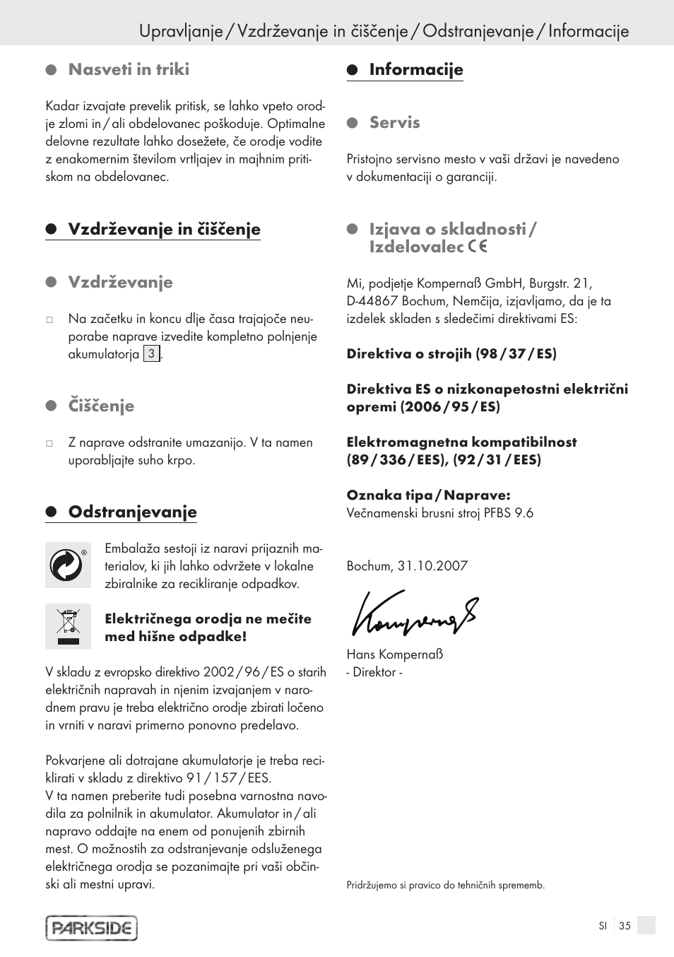 Nasveti in triki, Vzdrževanje in čiščenje, Vzdrževanje | Čiščenje, Odstranjevanje, Informacije, Servis, Izjava o skladnosti / izdelovalec | Kompernass PFBS 9.6V User Manual | Page 33 / 66
