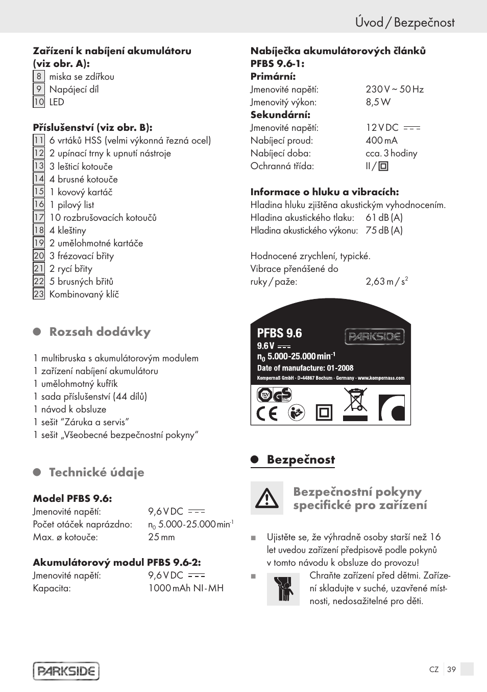 Úvod / bezpečnost, Rozsah dodávky, Technické údaje | Kompernass PFBS 9.6V User Manual | Page 37 / 66
