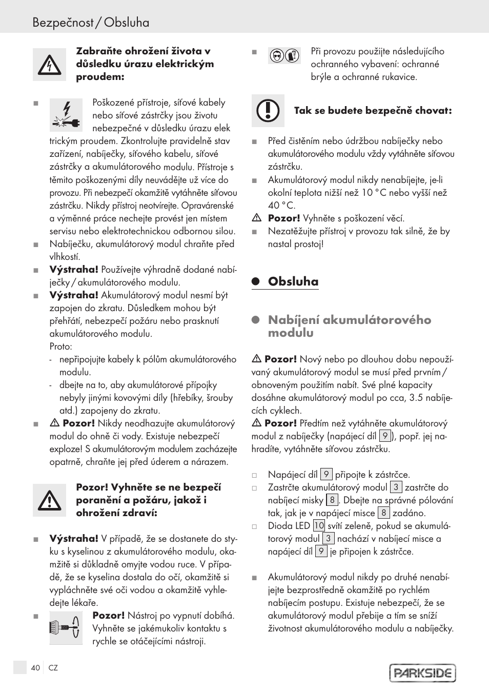Bezpečnost / obsluha, Obsluha, Nabíjení akumulátorového modulu | Kompernass PFBS 9.6V User Manual | Page 38 / 66
