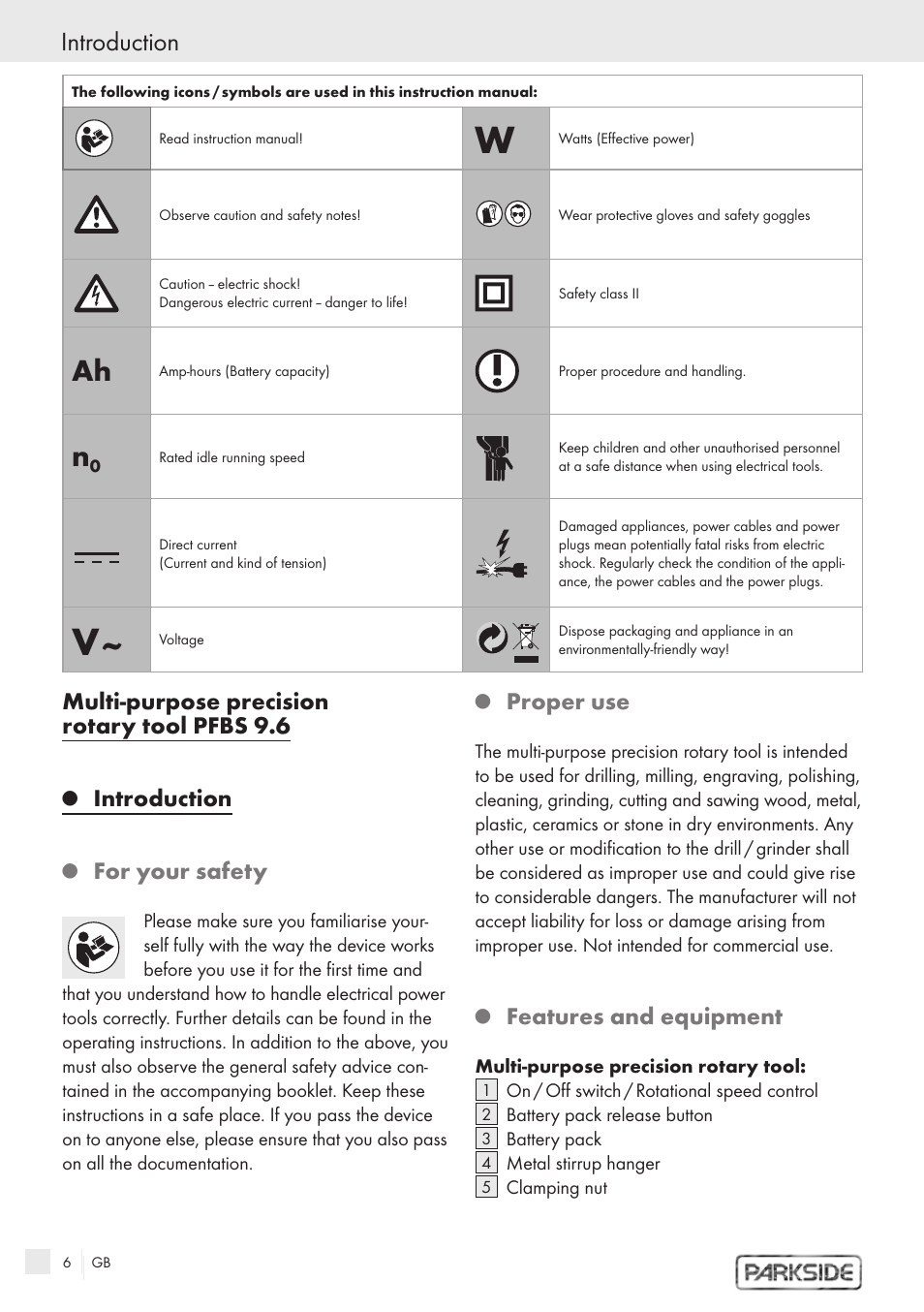 Multi-purpose precision rotary tool pfbs 9.6, Introduction, For your safety | Proper use, Features and equipment | Kompernass PFBS 9.6V User Manual | Page 4 / 66
