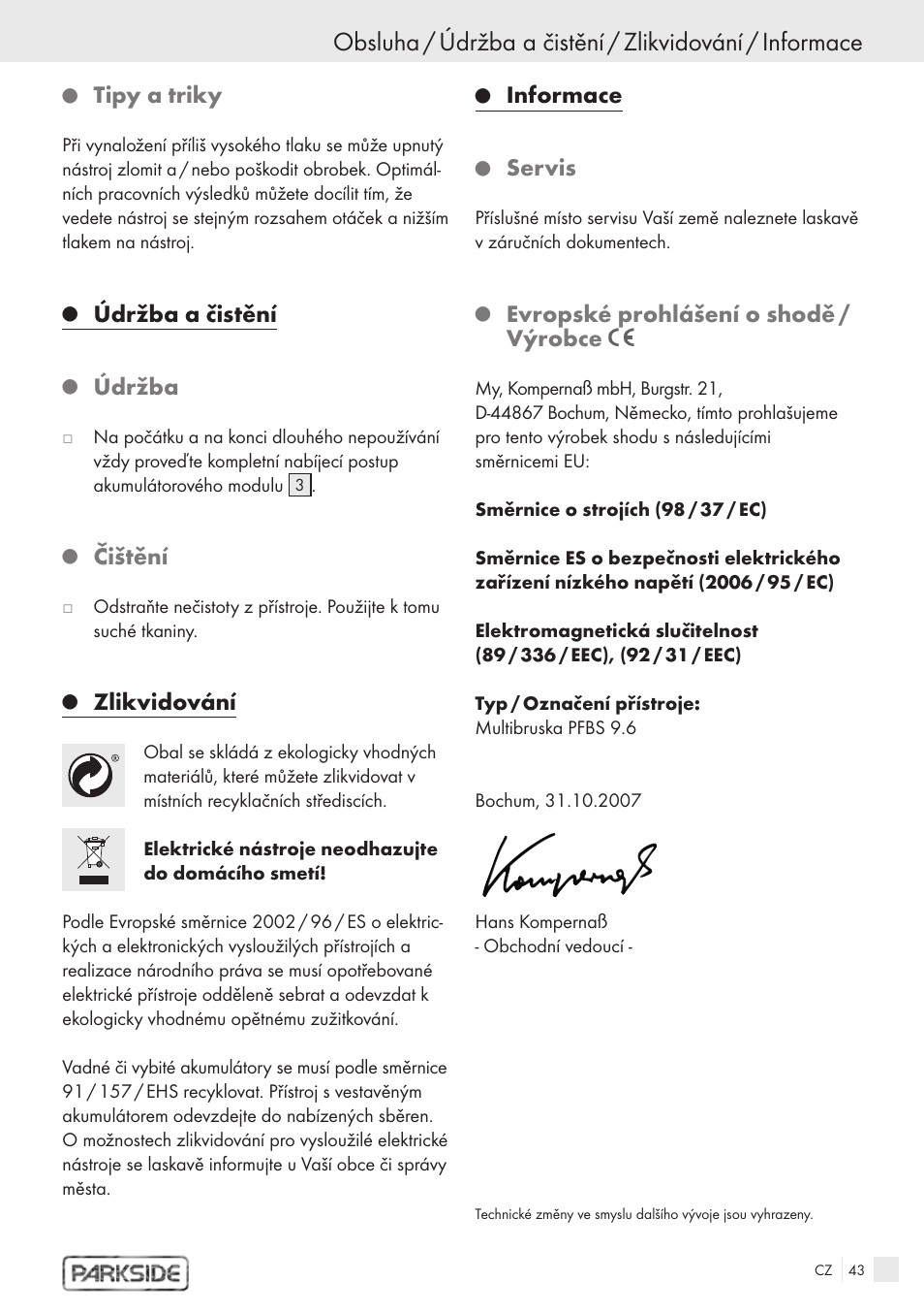 Tipy a triky, Údržba a čistění, Údržba | Čištění, Zlikvidování, Informace, Servis, Evropské prohlášení o shodě / výrobce | Kompernass PFBS 9.6V User Manual | Page 41 / 66