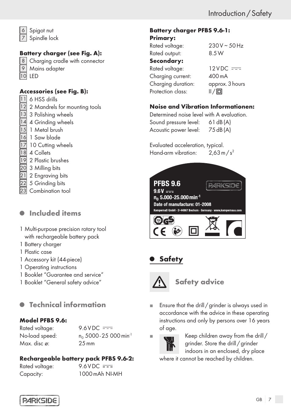 Introduction / safety, Included items, Technical information | Safety safety advice | Kompernass PFBS 9.6V User Manual | Page 5 / 66