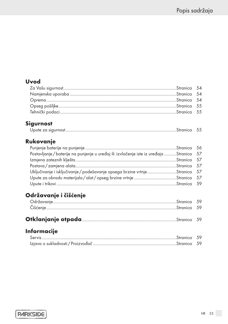 Popis sadržaja | Kompernass PFBS 9.6V User Manual | Page 51 / 66