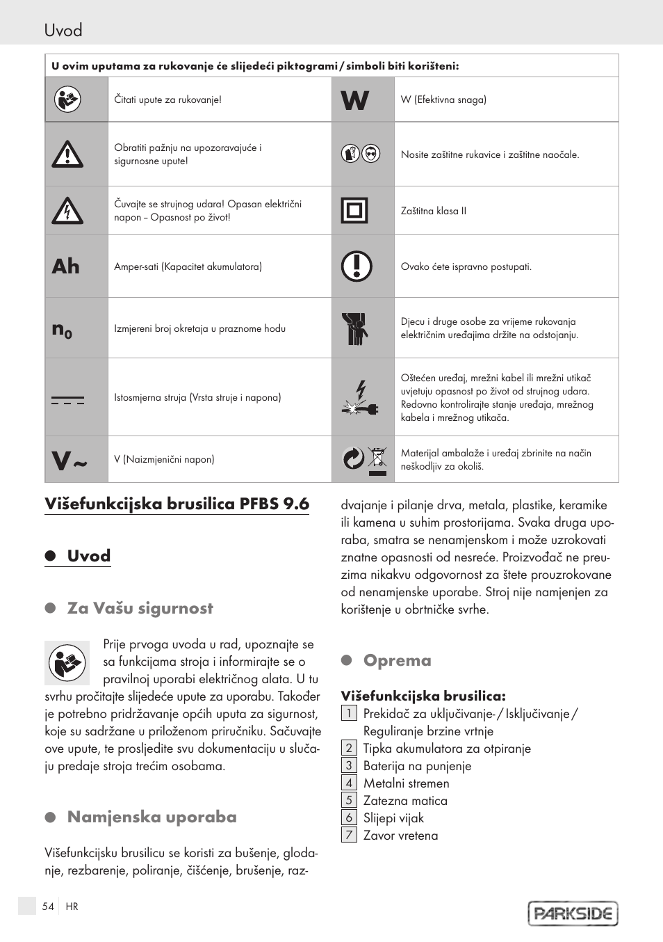 Uvod, Višefunkcijska brusilica pfbs 9.6, Za vašu sigurnost | Namjenska uporaba, Oprema | Kompernass PFBS 9.6V User Manual | Page 52 / 66