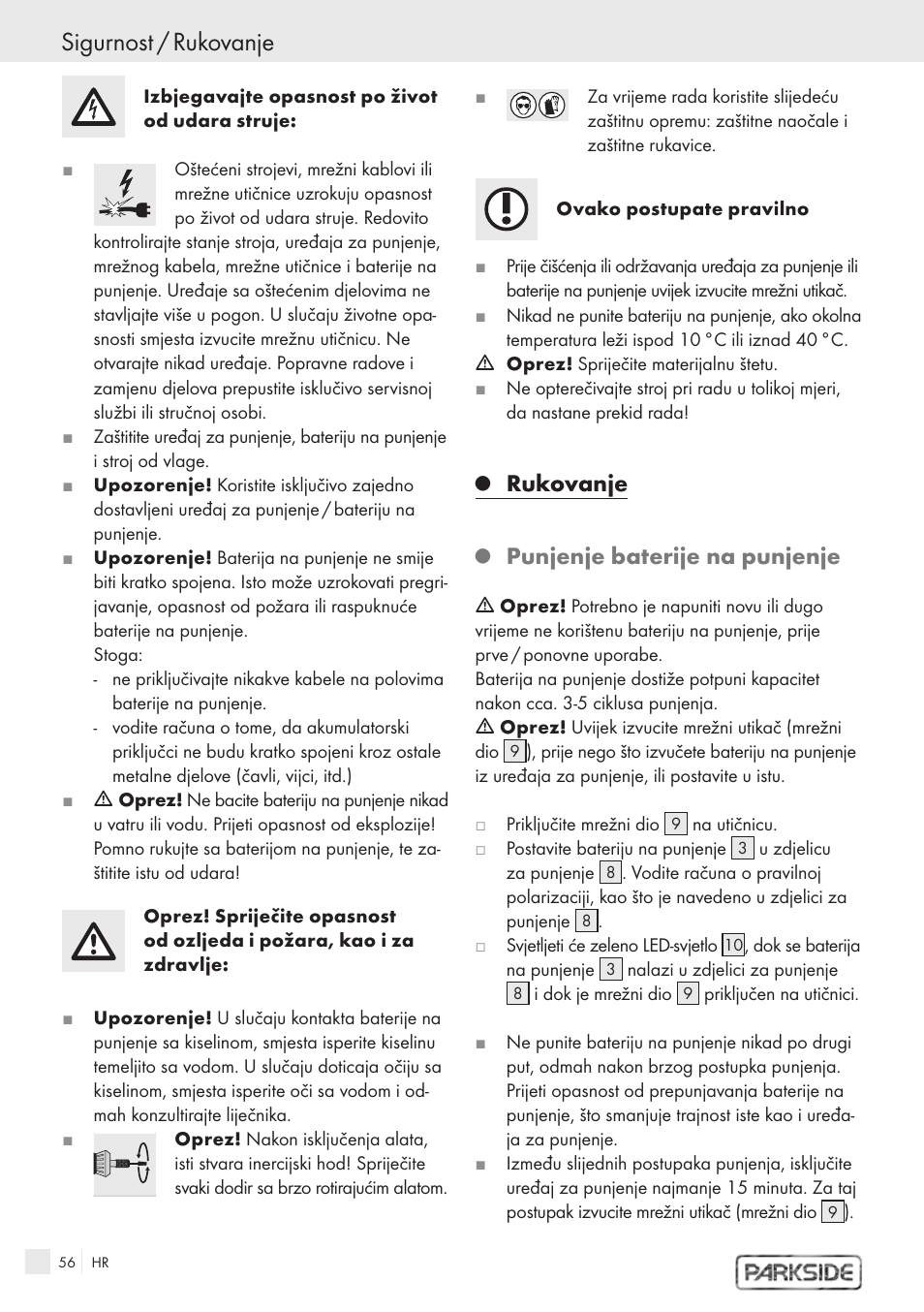 Sigurnost / rukovanje, Rukovanje, Punjenje baterije na punjenje | Kompernass PFBS 9.6V User Manual | Page 54 / 66