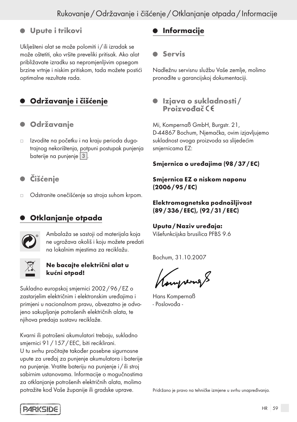Upute i trikovi, Održavanje i čišćenje, Održavanje | Čišćenje, Otklanjanje otpada, Informacije, Servis, Izjava o sukladnosti / proizvođač | Kompernass PFBS 9.6V User Manual | Page 57 / 66