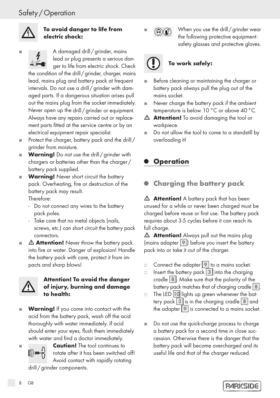 Safety / operation, Operation, Charging the battery pack | Kompernass PFBS 9.6V User Manual | Page 6 / 66
