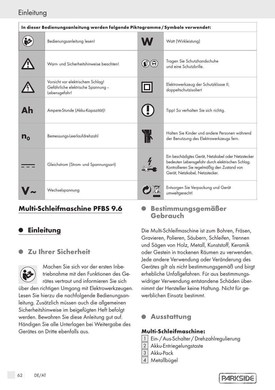 Multi-schleifmaschine pfbs 9.6, Einleitung, Zu ihrer sicherheit | Bestimmungsgemäßer gebrauch, Ausstattung | Kompernass PFBS 9.6V User Manual | Page 60 / 66