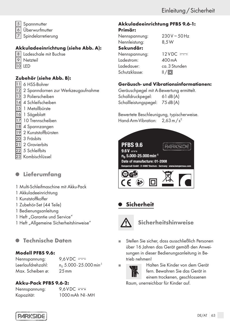 Einleitung / sicherheit, Lieferumfang, Technische daten | Sicherheit sicherheitshinweise | Kompernass PFBS 9.6V User Manual | Page 61 / 66