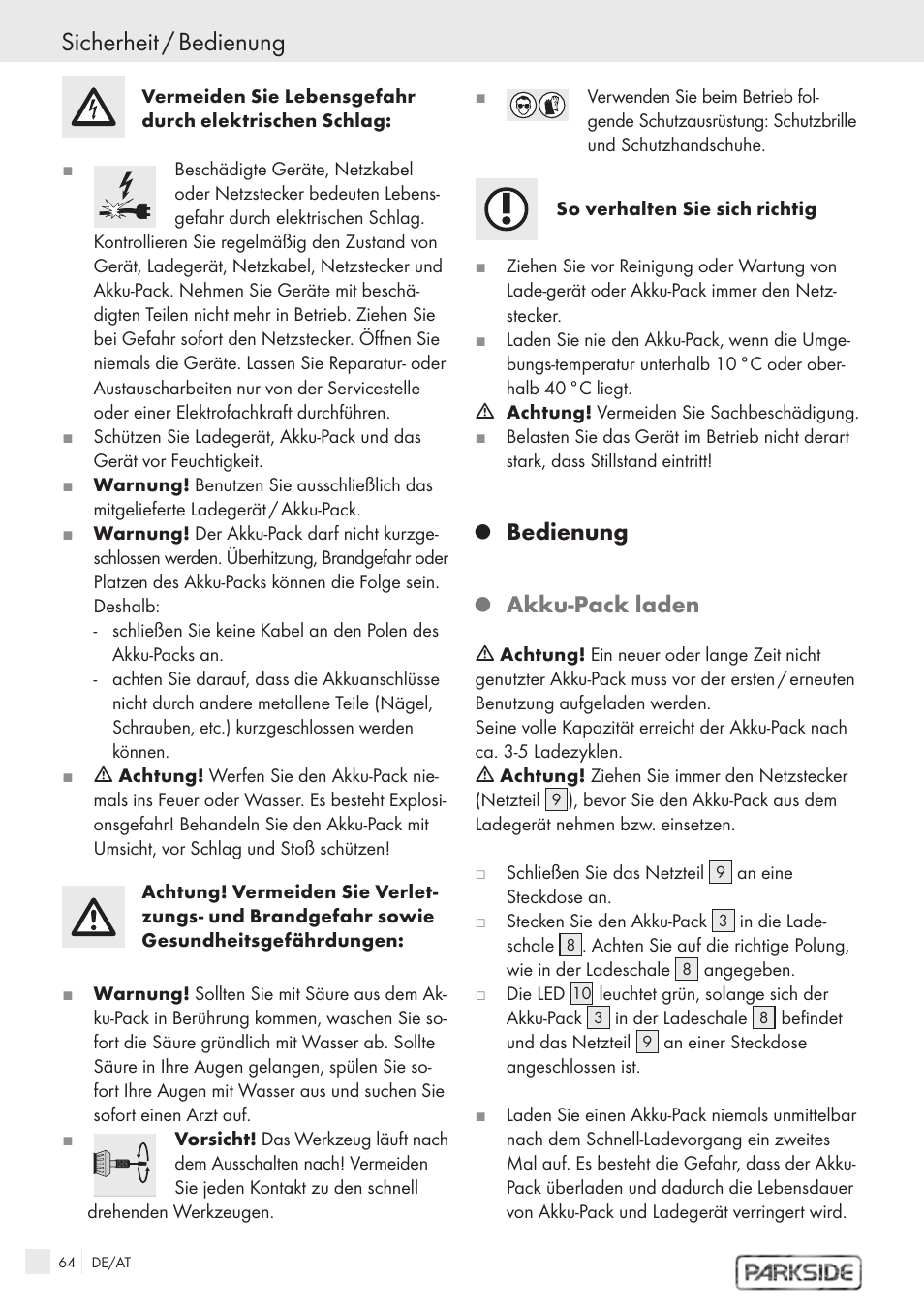 Sicherheit / bedienung, Bedienung, Akku-pack laden | Kompernass PFBS 9.6V User Manual | Page 62 / 66