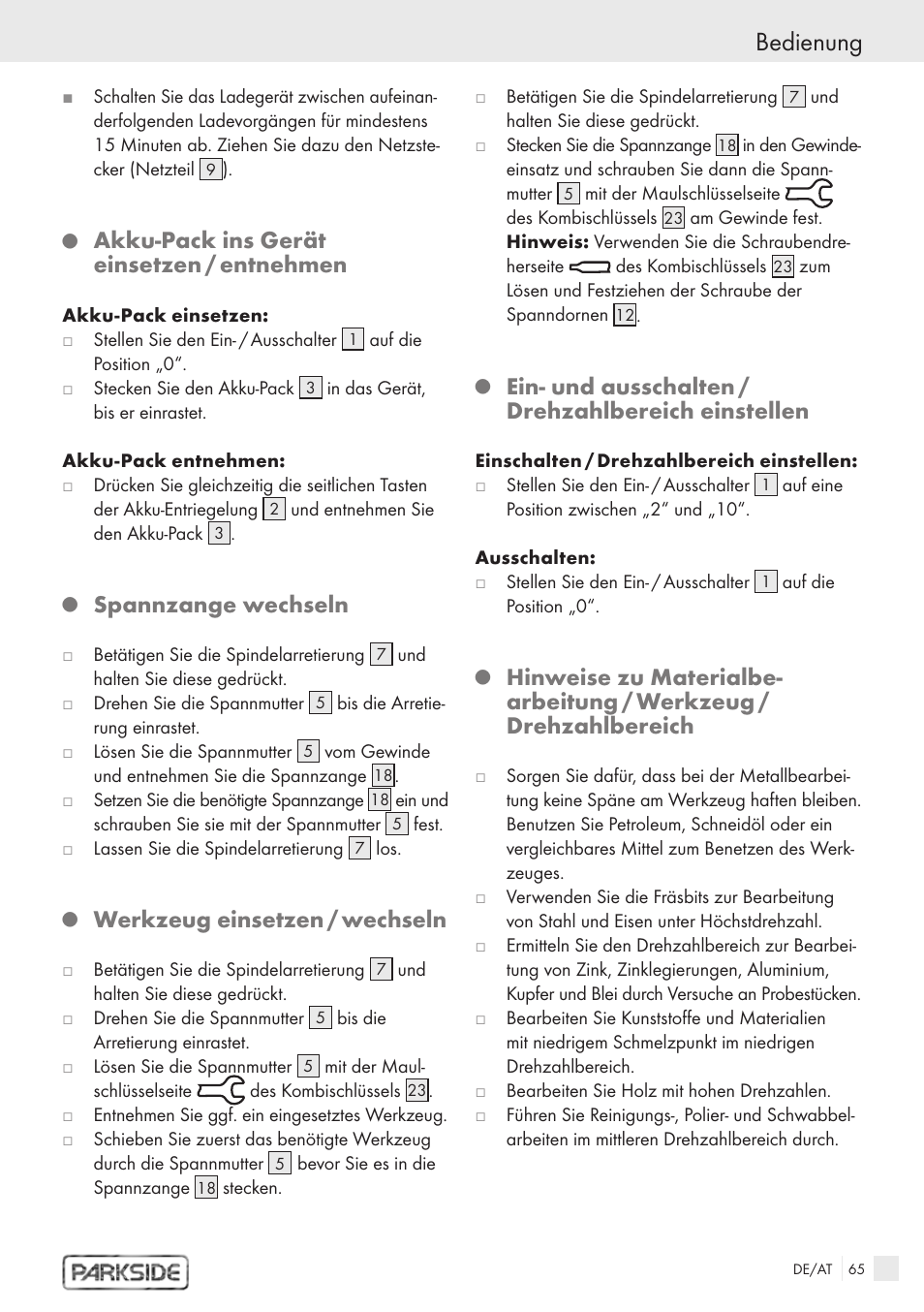 Bedienung, Akku-pack ins gerät einsetzen / entnehmen, Spannzange wechseln | Werkzeug einsetzen / wechseln, Ein- und ausschalten / drehzahlbereich einstellen | Kompernass PFBS 9.6V User Manual | Page 63 / 66