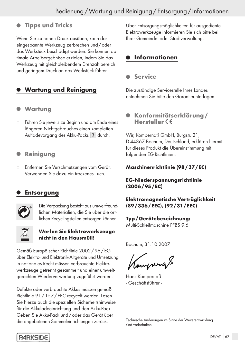 Tipps und tricks, Wartung und reinigung, Wartung | Reinigung, Entsorgung, Informationen, Service, Konformitätserklärung / hersteller | Kompernass PFBS 9.6V User Manual | Page 65 / 66