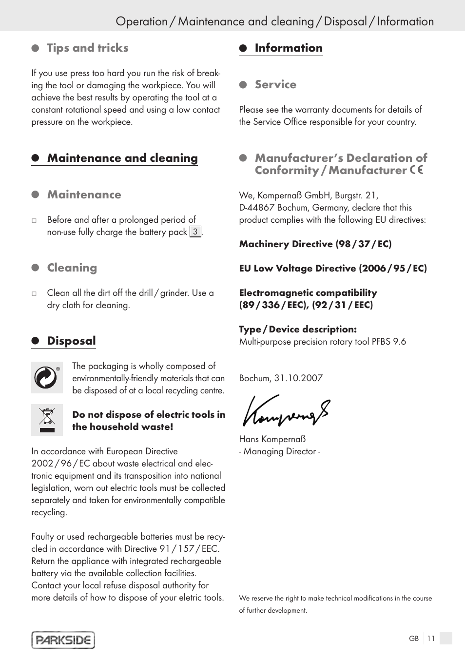 Tips and tricks, Maintenance and cleaning, Maintenance | Cleaning, Disposal, Information, Service | Kompernass PFBS 9.6V User Manual | Page 9 / 66