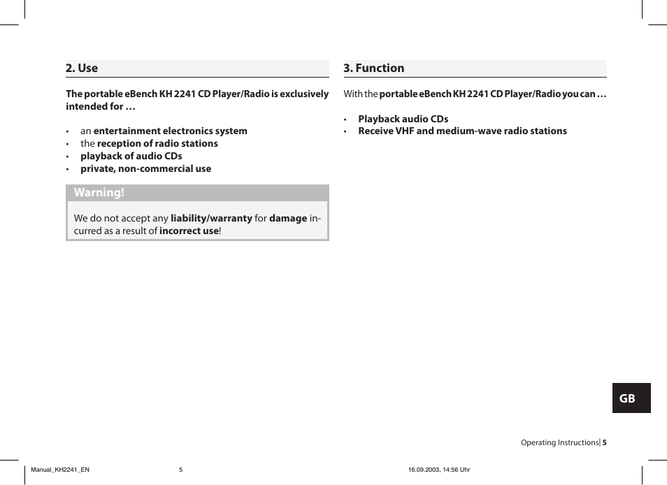 Gb . use, Warning, Function | Kompernass eBench KH 2241 User Manual | Page 5 / 16