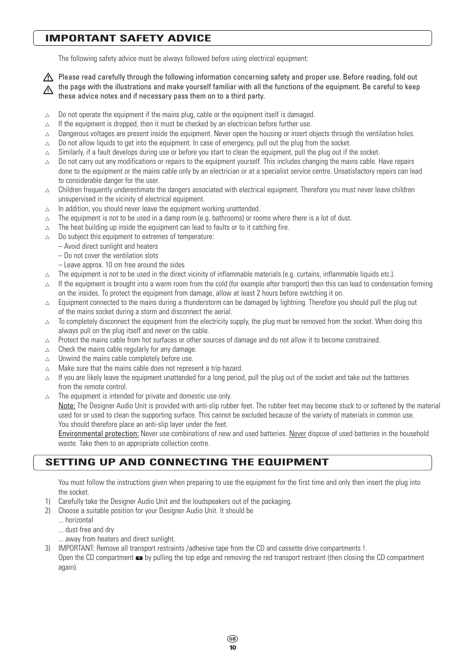 Important safety advice, Setting up and connecting the equipment | Kompernass KH 2300 User Manual | Page 10 / 70