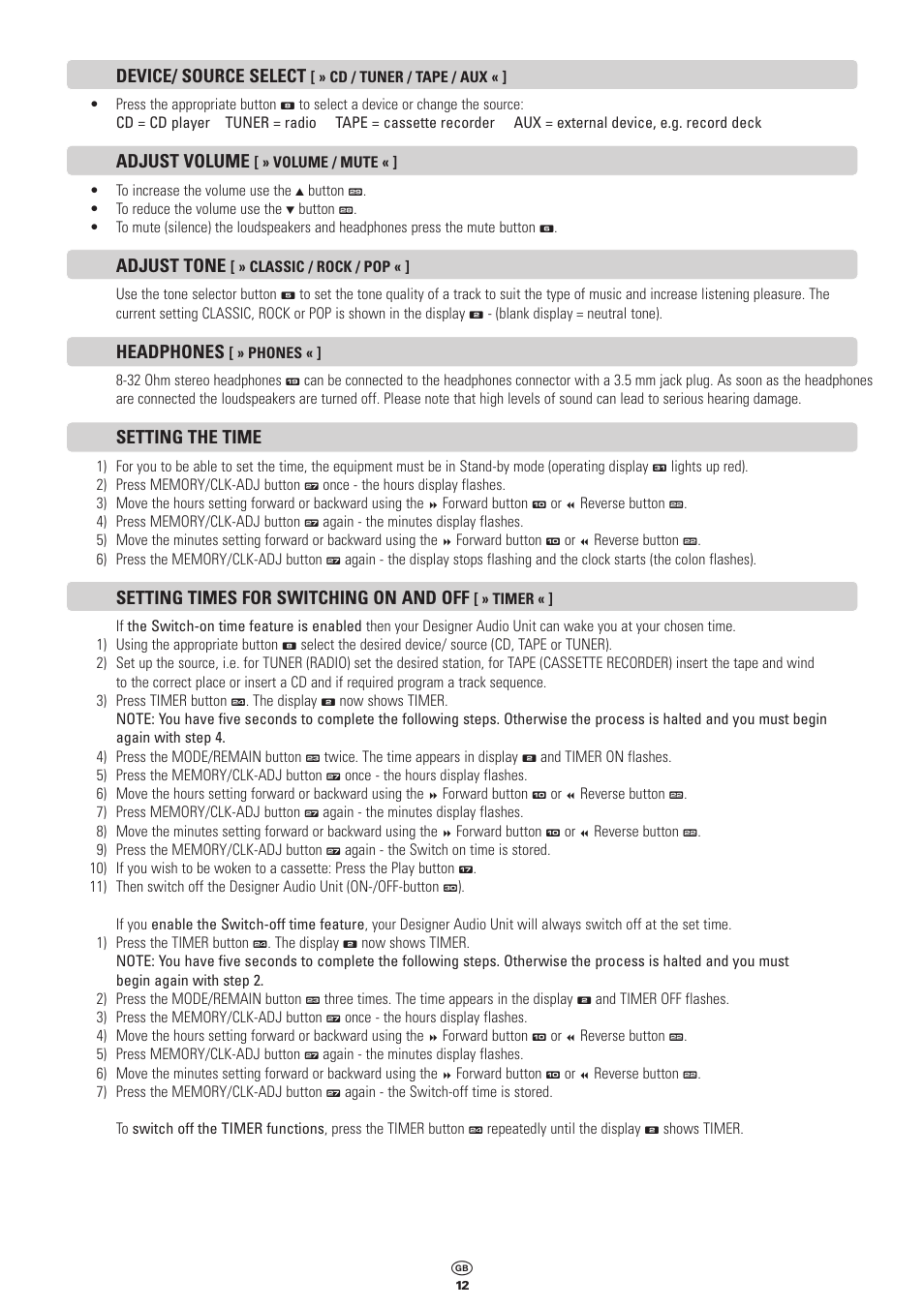 Device/ source select, Adjust volume, Adjust tone | Headphones, Setting the time, Setting times for switching on and off | Kompernass KH 2300 User Manual | Page 12 / 70