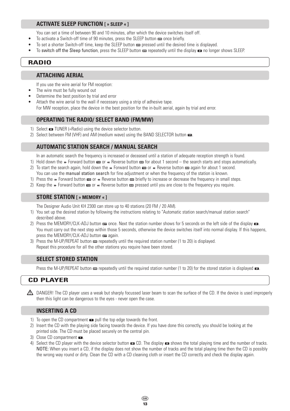 Activate sleep function, Radio attaching aerial, Operating the radio/ select band (fm/mw) | Automatic station search / manual search, Store station, Select stored station, Cd player, Inserting a cd | Kompernass KH 2300 User Manual | Page 13 / 70