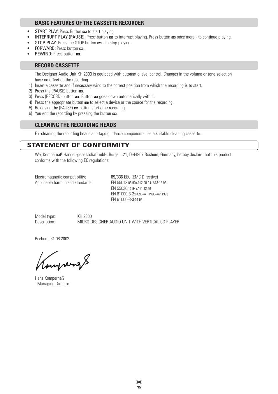 Basic features of the cassette recorder, Record cassette, Cleaning the recording heads | Statement of conformity | Kompernass KH 2300 User Manual | Page 15 / 70