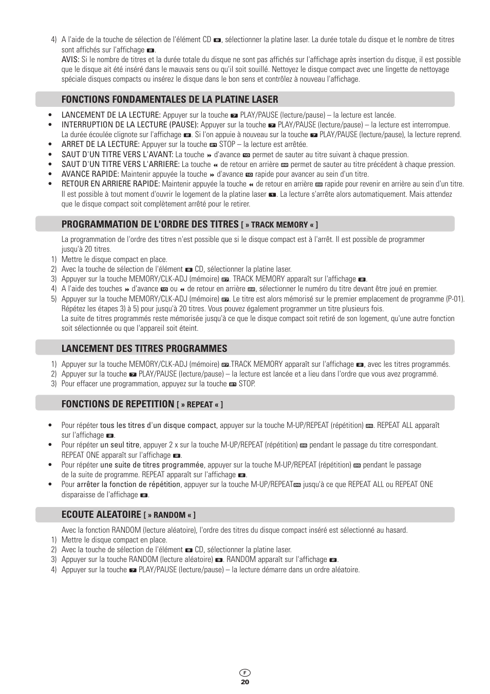 Fonctions fondamentales de la platine laser, Programmation de l'ordre des titres, Lancement des titres programmes | Fonctions de repetition, Ecoute aleatoire | Kompernass KH 2300 User Manual | Page 20 / 70