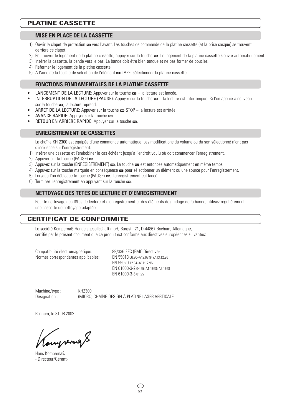 Platine cassette mise en place de la cassette, Fonctions fondamentales de la platine cassette, Enregistrement de cassettes | Nettoyage des tetes de lecture et d'enregistrement, Certificat de conformite | Kompernass KH 2300 User Manual | Page 21 / 70