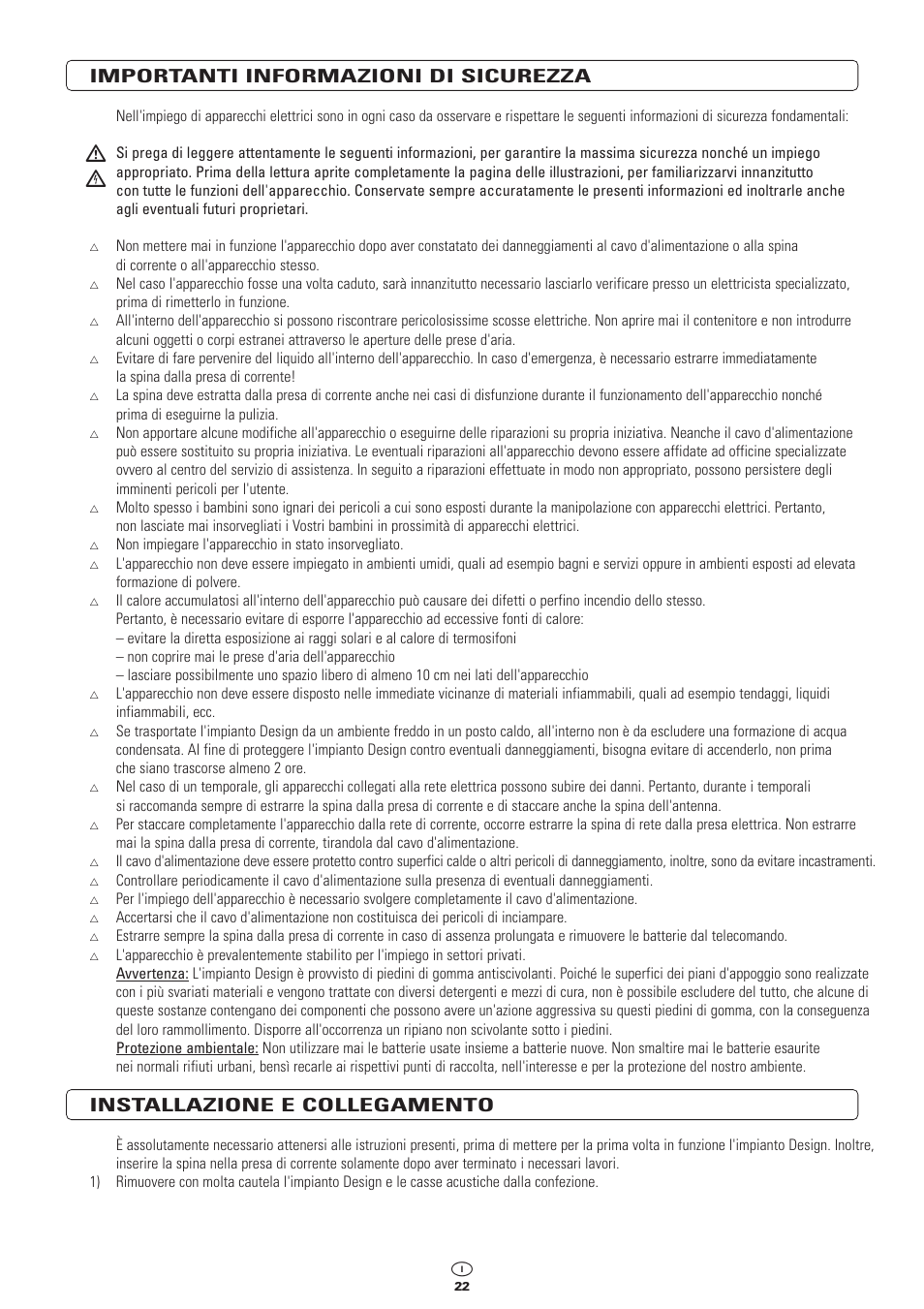 Importanti informazioni di sicurezza, Installazione e collegamento | Kompernass KH 2300 User Manual | Page 22 / 70