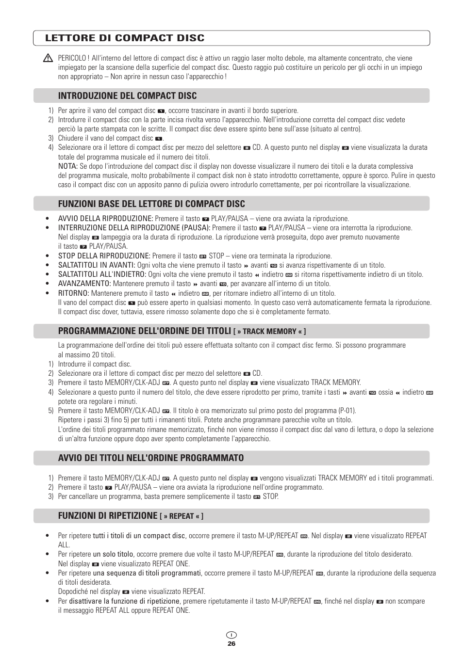 Lettore di compact disc, Introduzione del compact disc, Funzioni base del lettore di compact disc | Programmazione dell'ordine dei titoli, Avvio dei titoli nell'ordine programmato, Funzioni di ripetizione | Kompernass KH 2300 User Manual | Page 26 / 70