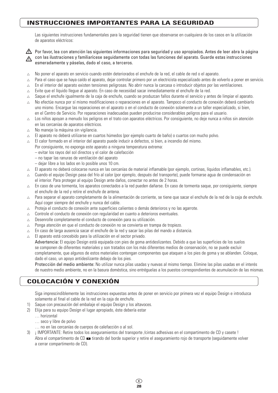Instrucciones importantes para la seguridad, Colocación y conexión | Kompernass KH 2300 User Manual | Page 28 / 70